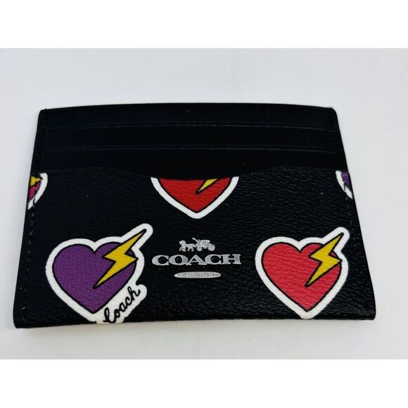COACH Black Red Pink Heart Bolt Print Slim ID Card Case Canvas Leather CW922 NWT - Picture 1 of 4